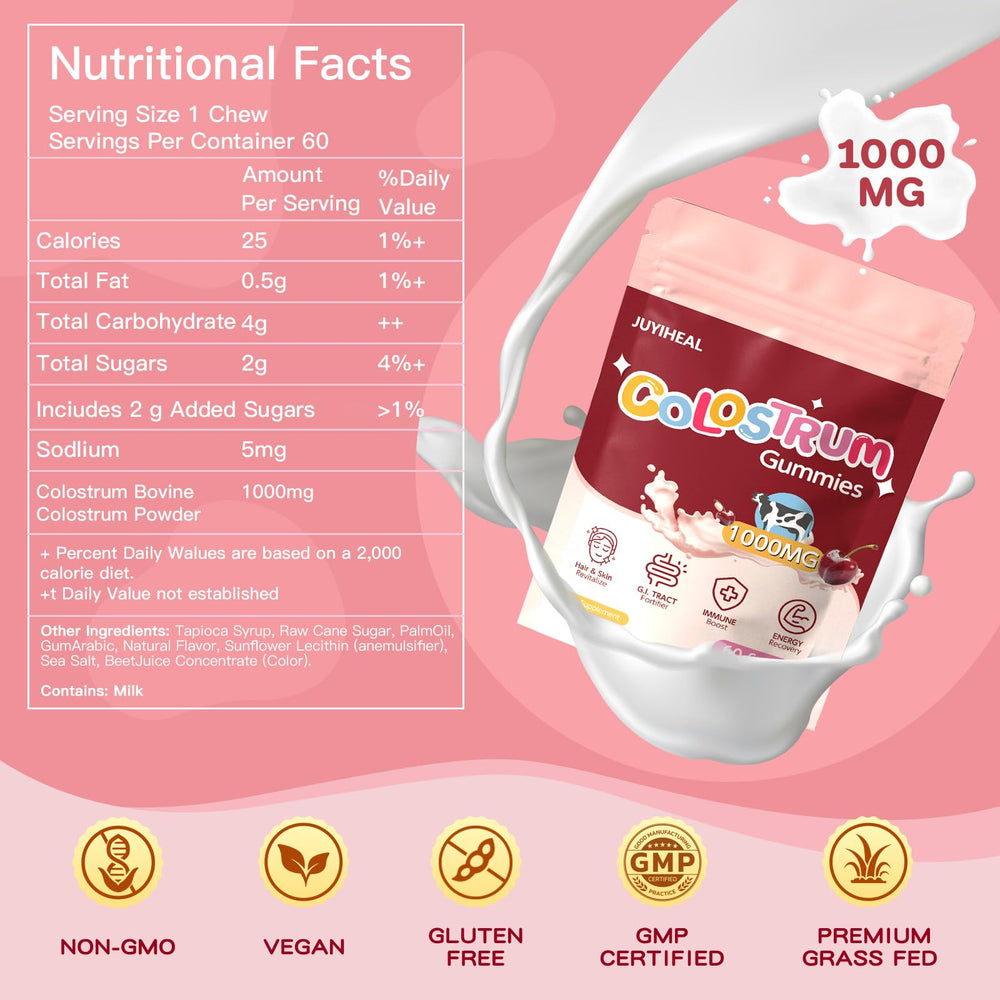 JUYIHEAL Colostrum Gummies ingredient label highlights natural, grass-fed formula.