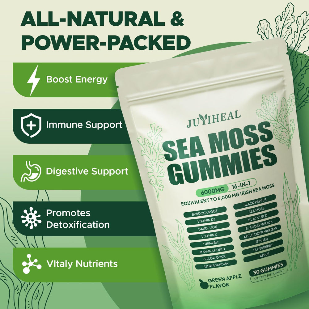 JUYIHEAL green apple sea moss gummies close-up highlighting flavor and nutrition benefits.