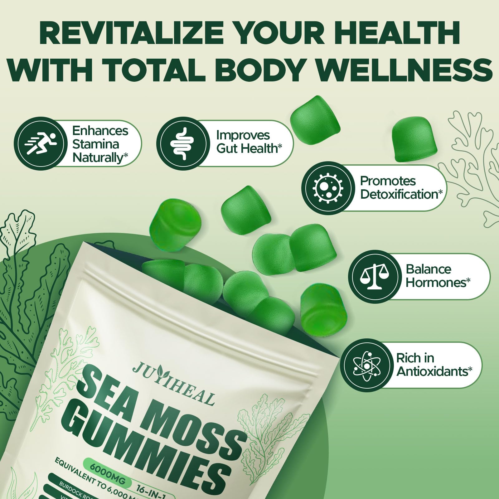 JUYIHEAL vegan, non-GMO sea moss gummies for everyday nutrition.
