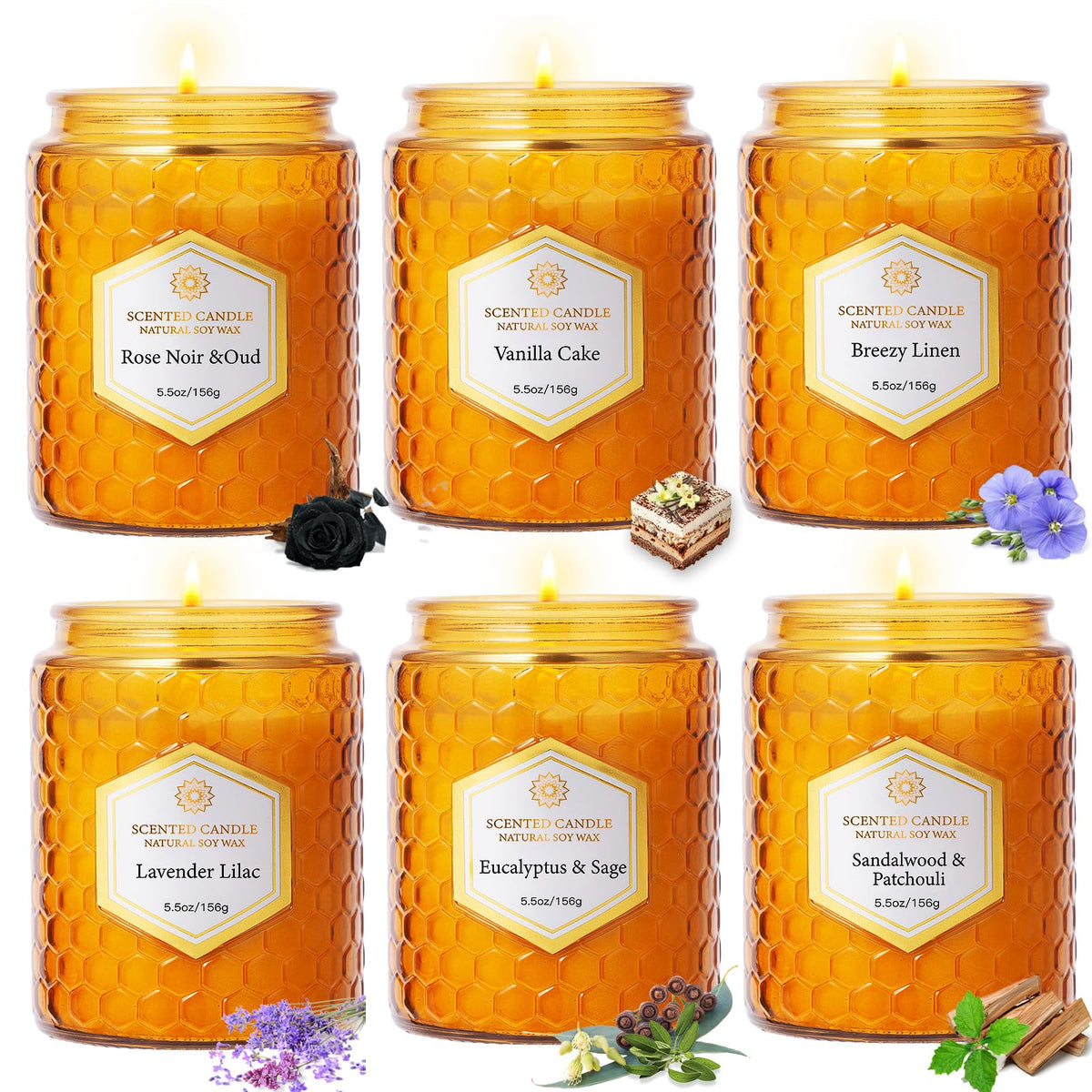 JXDLSQ six-pack soy candles in amber jars for cozy home ambiance.