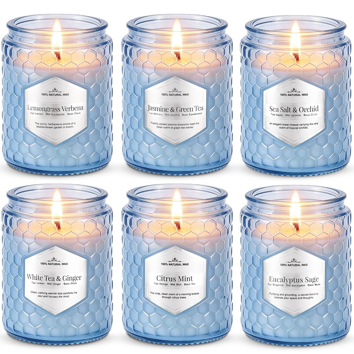 JXDLSQ Lake Blue Candles six-pack displayed on decorative glass for inviting home ambience