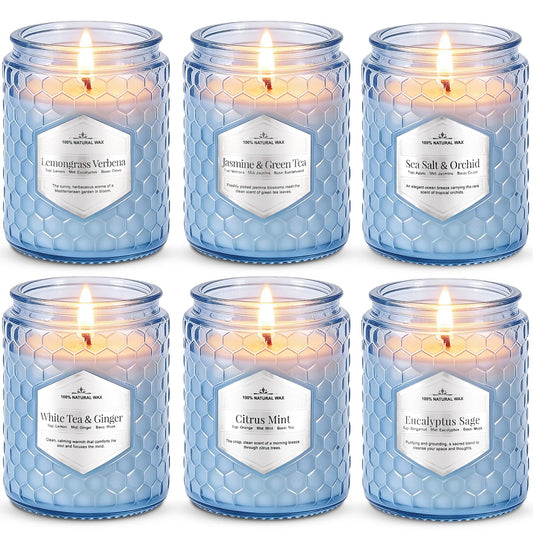 JXDLSQ Lake Blue Candles six-pack displayed on decorative glass for inviting home ambience