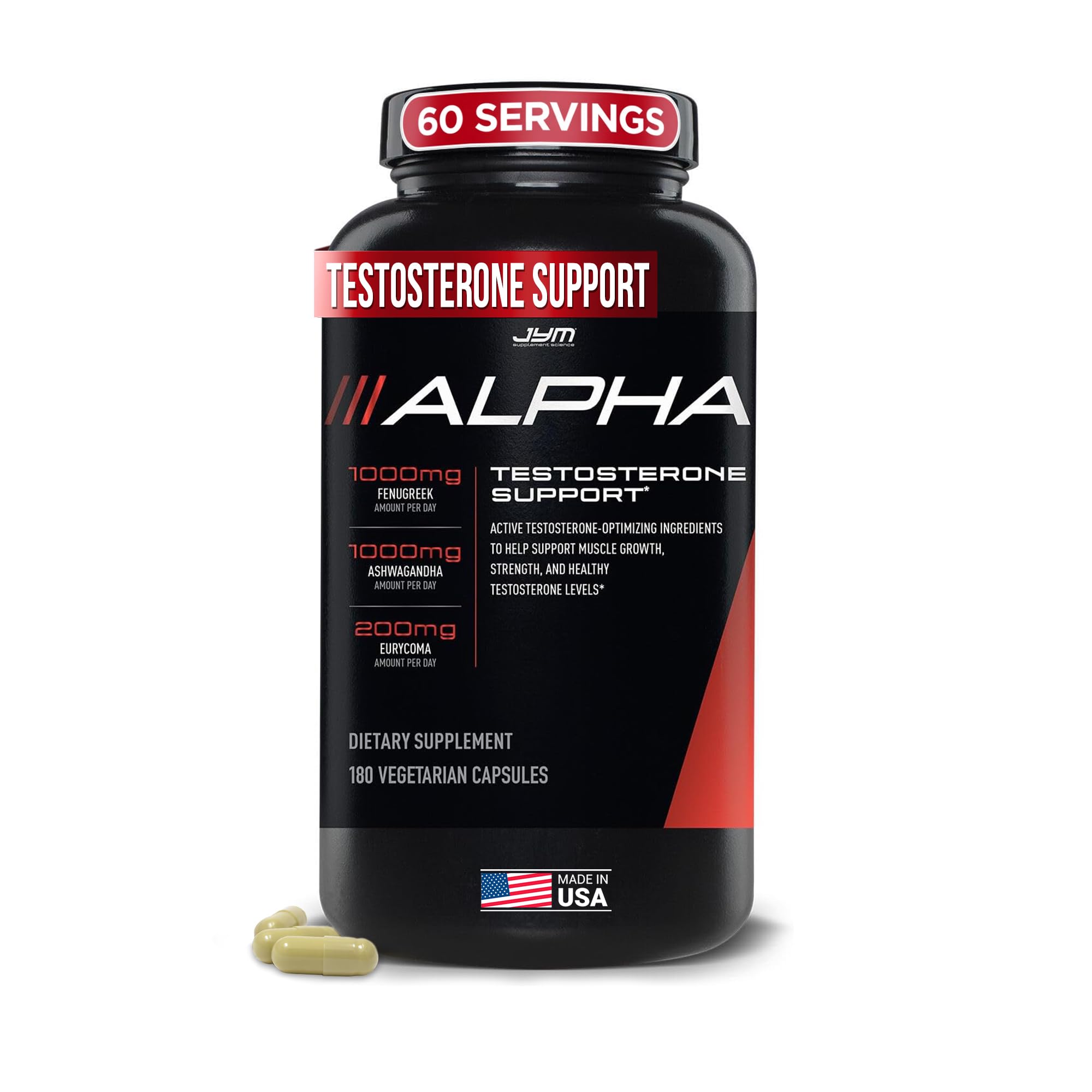 Alpha JYM Testosterone Support bottle shown with transparent label for clear dosing