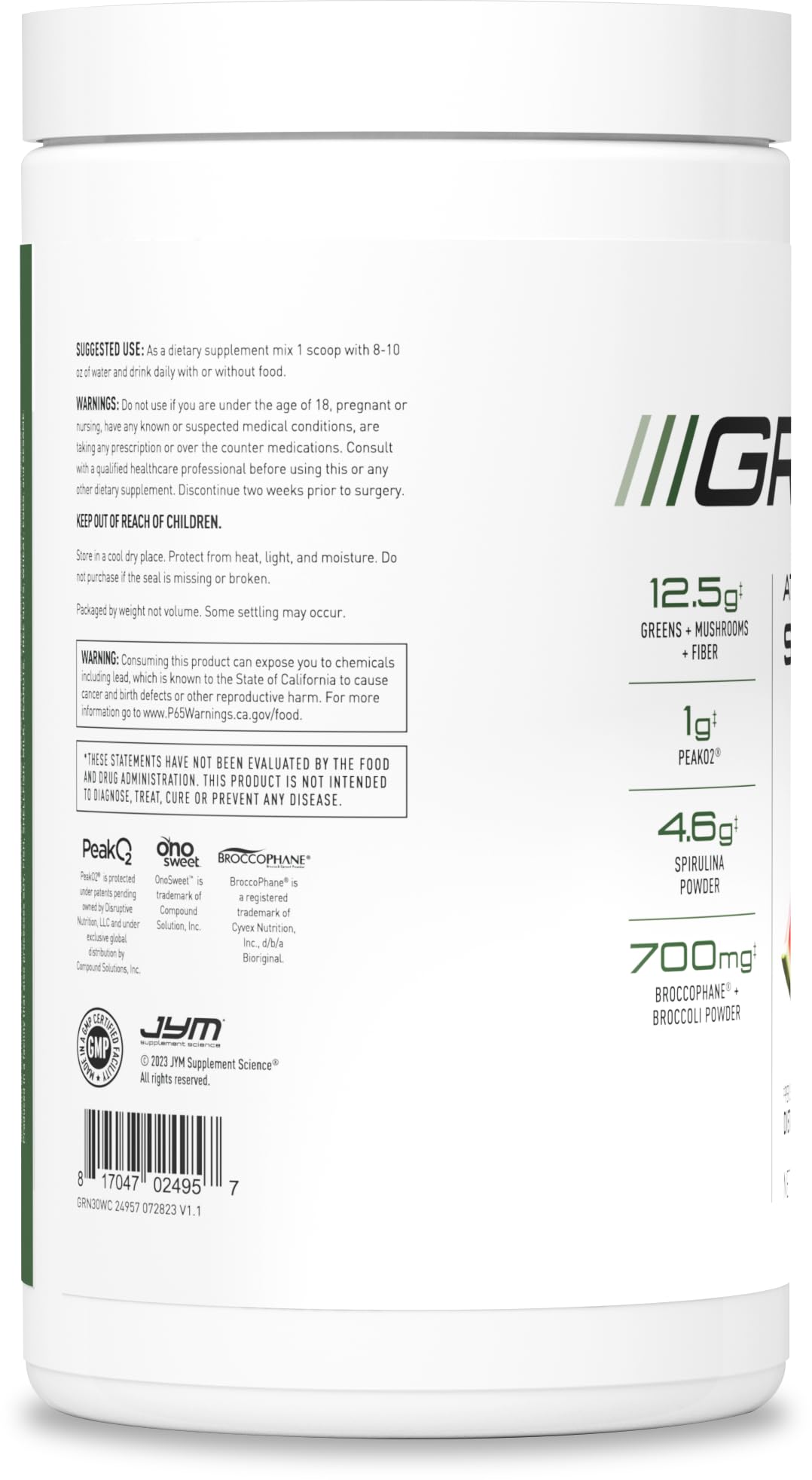 JYM Greens spirulina powder close-up highlights potent greens blend.