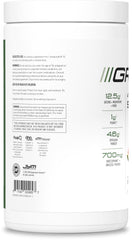 JYM Greens spirulina powder close-up highlights potent greens blend.