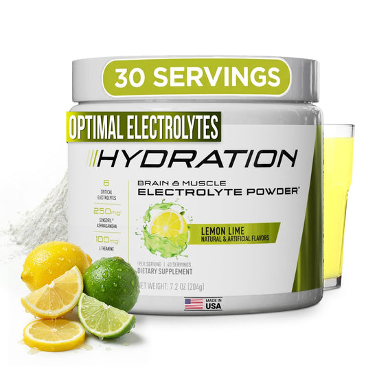 JYM Hydration Lemon Lime powder bottle showing balanced electrolytes for endurance.