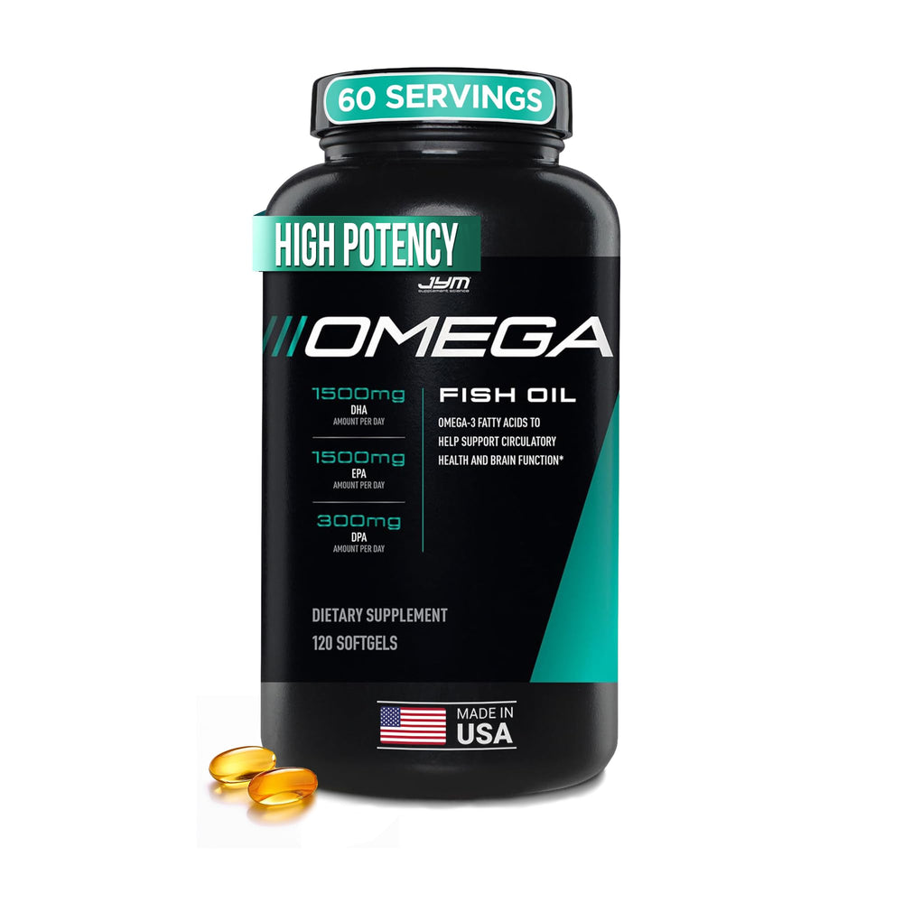 JYM Omega Fish Oil bottle highlighting high potency DHA and EPA per serving