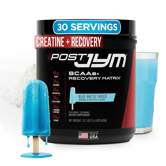 JYM Post JYM Active Matrix Arctic Freeze bottle shows post‑workout recovery focus.