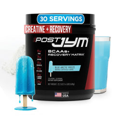 JYM Post JYM Active Matrix Arctic Freeze bottle shows post‑workout recovery focus.