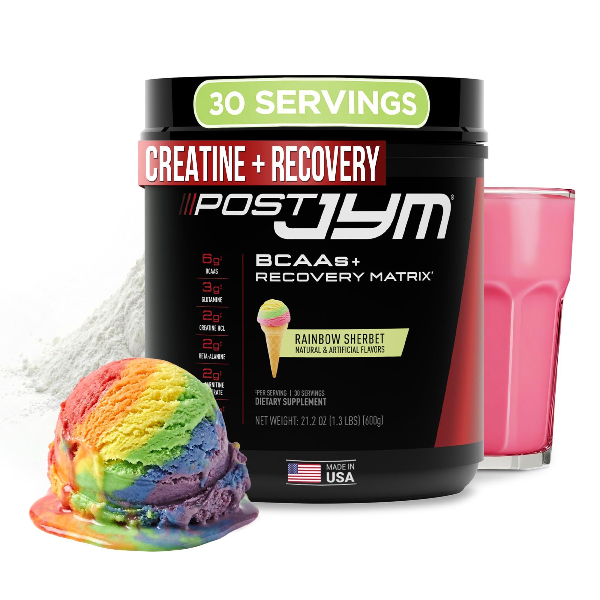 JYM Post JYM Active Matrix Rainbow Sherbet bottle shown for post‑workout recovery support.