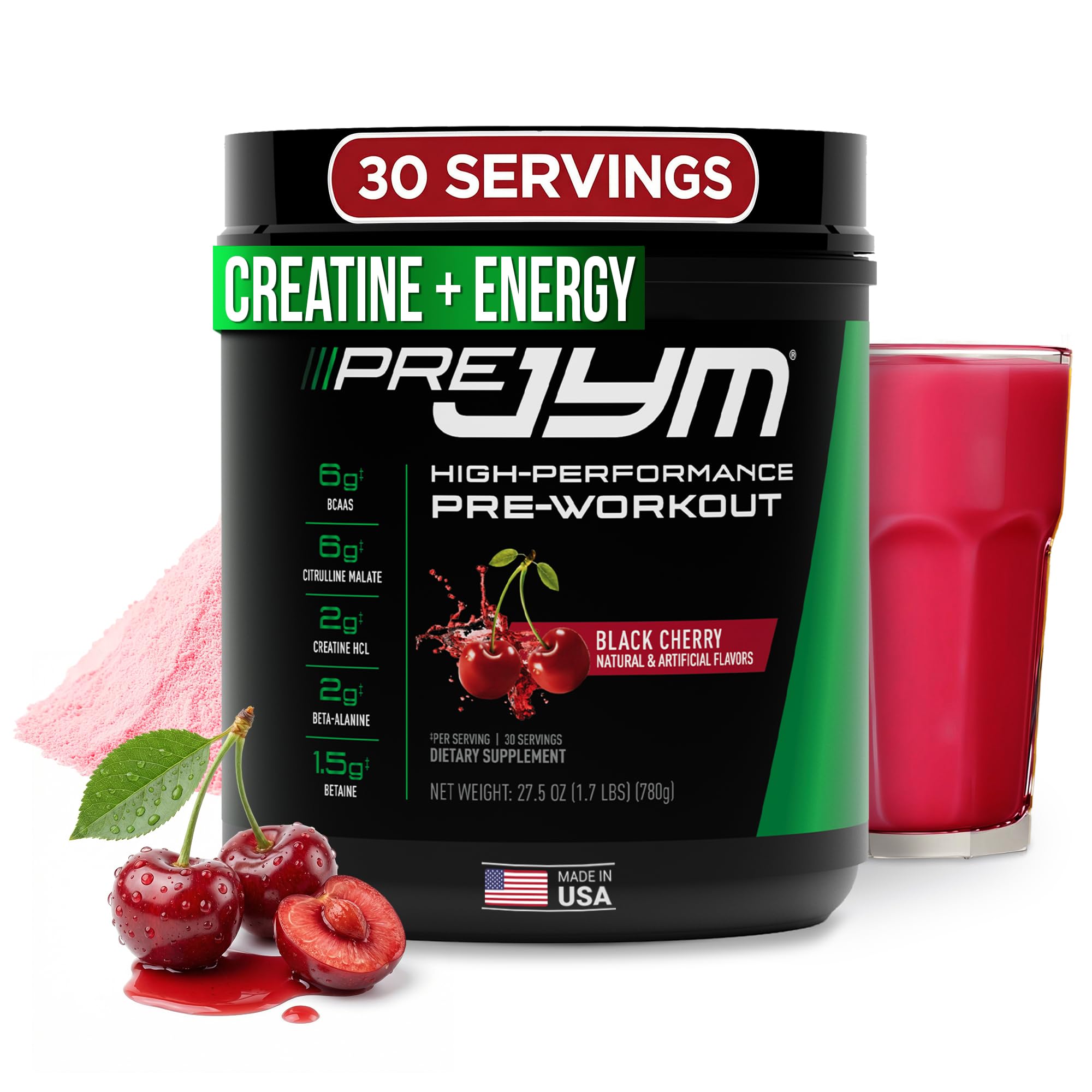 JYM Pre JYM Black Cherry powder scoop highlighting premium ingredients for sustained energy.