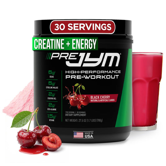 JYM Pre JYM Black Cherry powder scoop highlighting premium ingredients for sustained energy.
