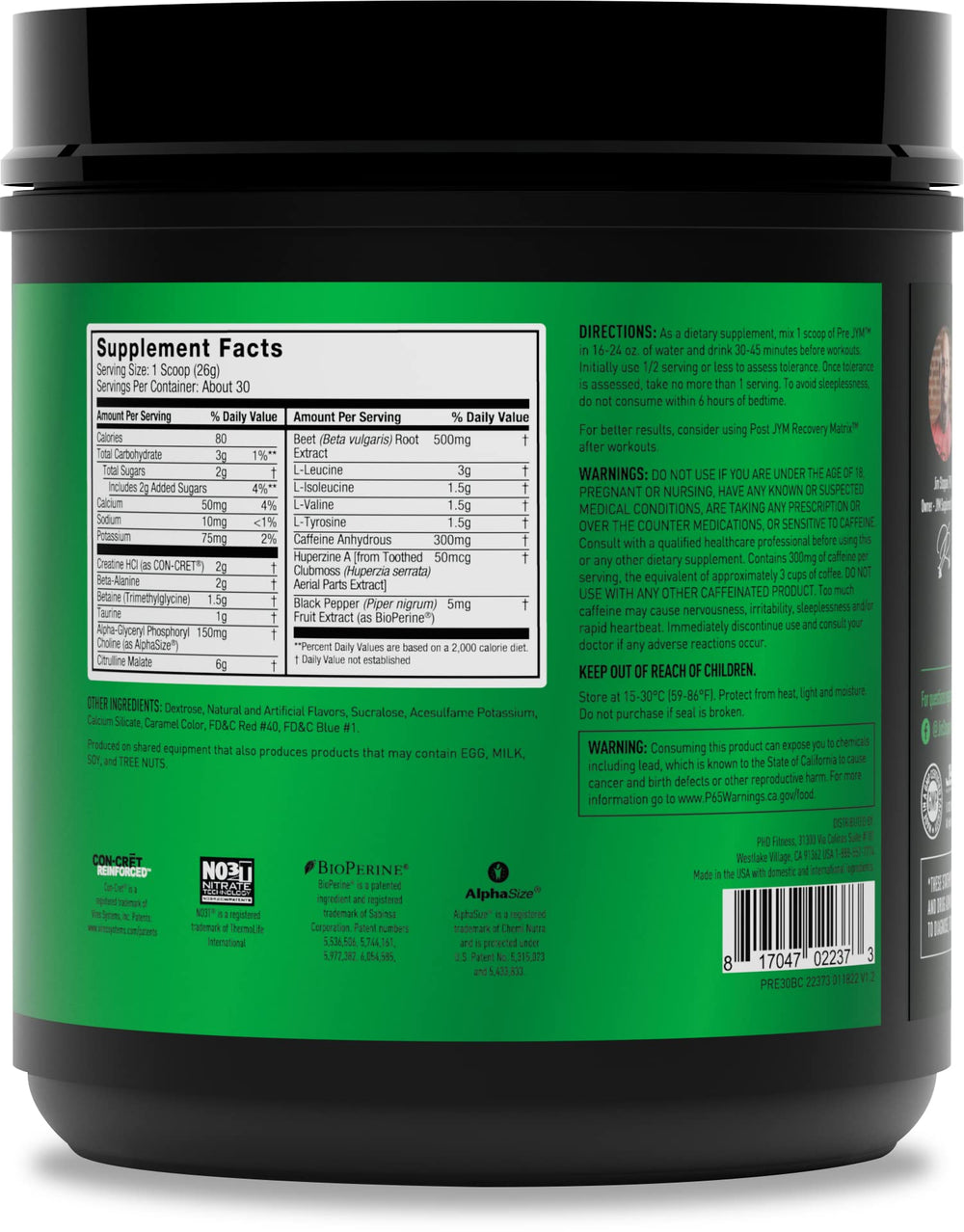 JYM Pre JYM Black Cherry tub front label promoting strong endurance.
