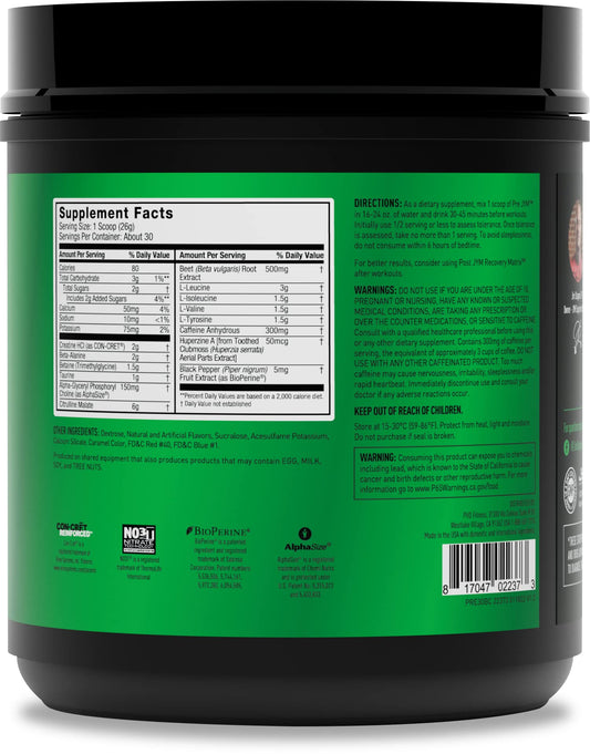 JYM Pre JYM Black Cherry tub front label promoting strong endurance.
