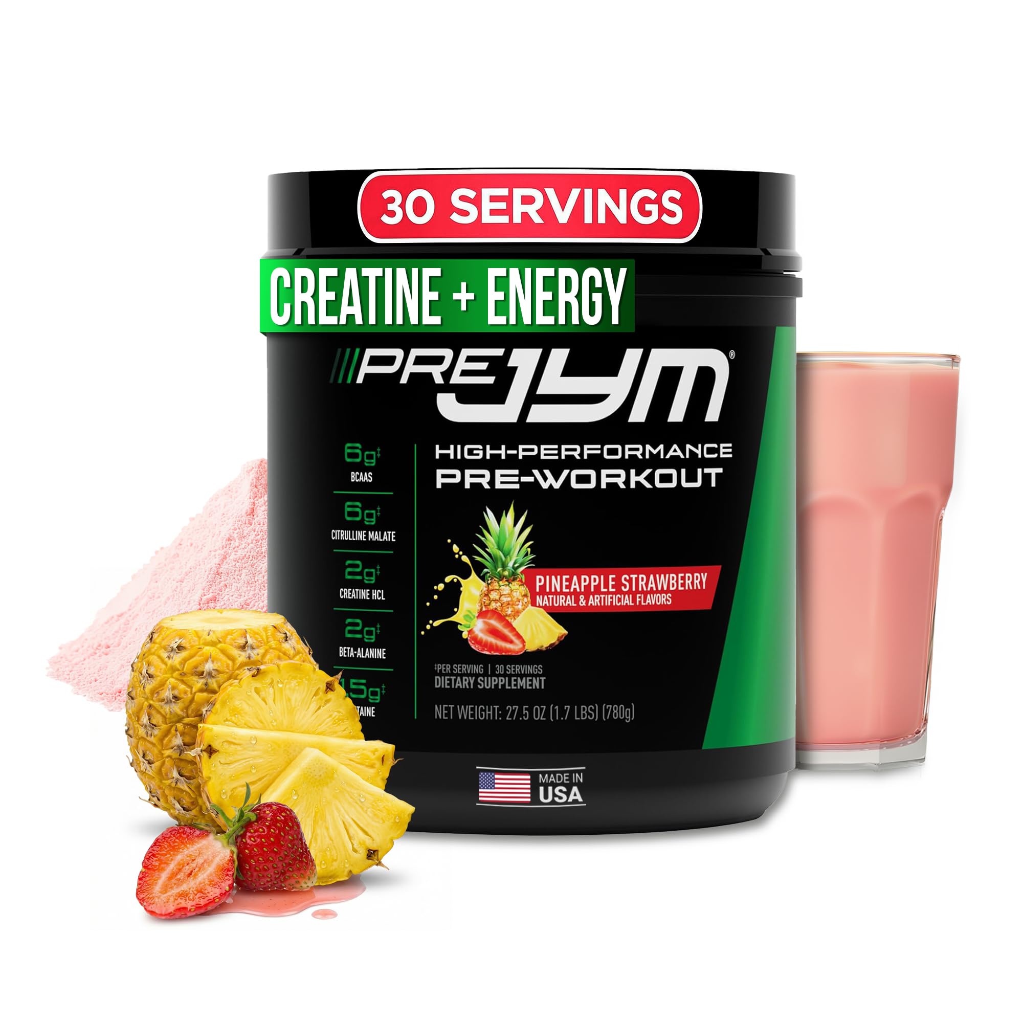 JYM Pre JYM Pineapple Strawberry powder tub showing flavor and ready-to-workout energy