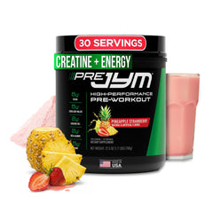 JYM Pre JYM Pineapple Strawberry powder tub showing flavor and ready-to-workout energy