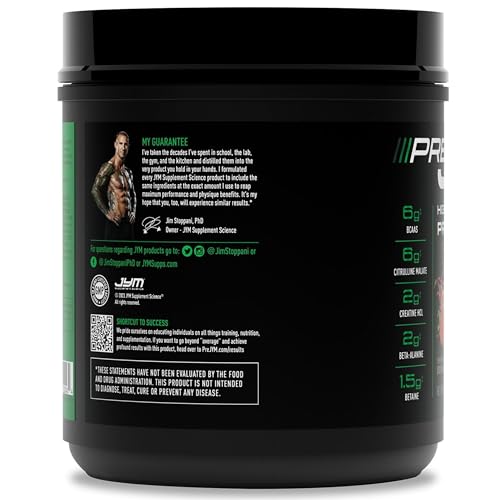 JYM Pre JYM Pink Lemonade tub nutrition label close-up for ingredient transparency.