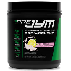 JYM Pre JYM Pink Lemonade scoop in tub ready to mix for workouts.