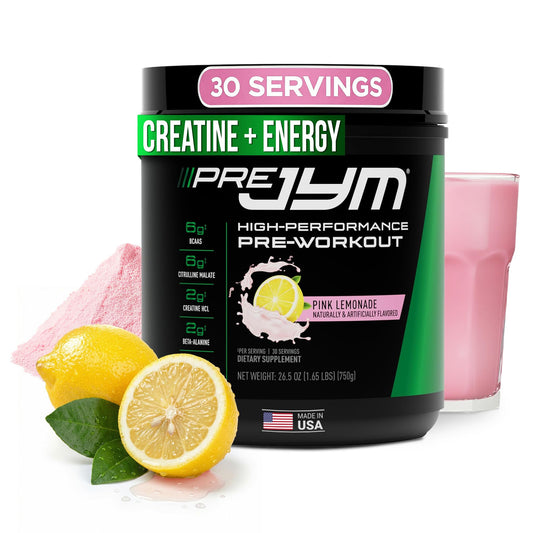 JYM Pre JYM Pink Lemonade tub front view highlighting clear ingredients for focused training.