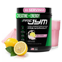 JYM Pre JYM Pink Lemonade tub front view highlighting clear ingredients for focused training.