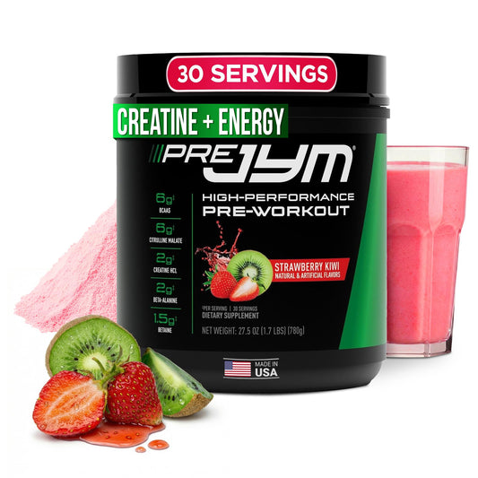 JYM Pre JYM Strawberry Kiwi powder bottle ready for pre-workout energy.