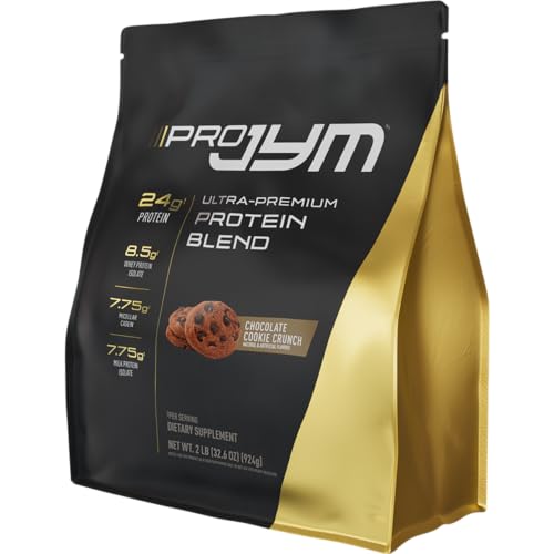 JYM Pro JYM Chocolate Cookie Crunch scoop pouring into shaker for post-workout shake.