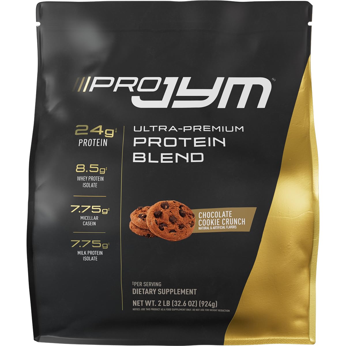 JYM Pro JYM Chocolate Cookie Crunch protein powder tub for lean muscle support.