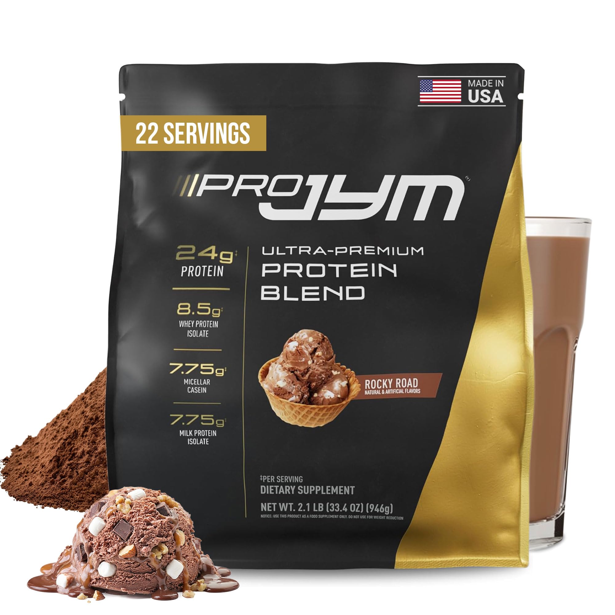JYM Pro JYM Rocky Road protein powder bottle highlighting balanced blend for muscle support