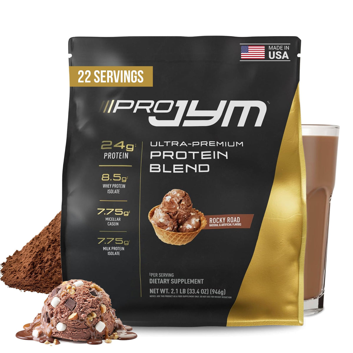 JYM Pro JYM Rocky Road protein powder bottle highlighting balanced blend for muscle support