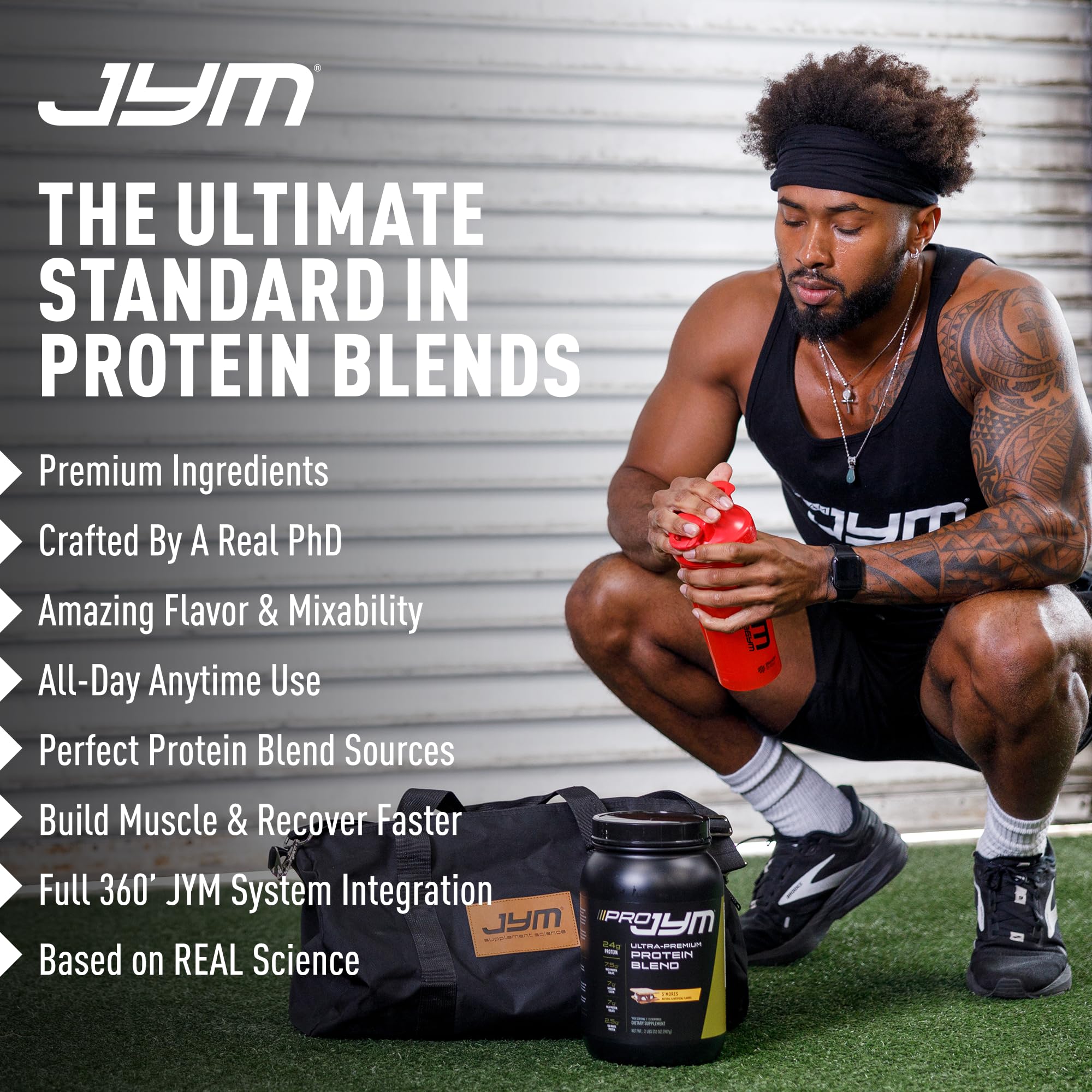 JYM Pro JYM Rocky Road ingredients chart highlights three-protein blend.