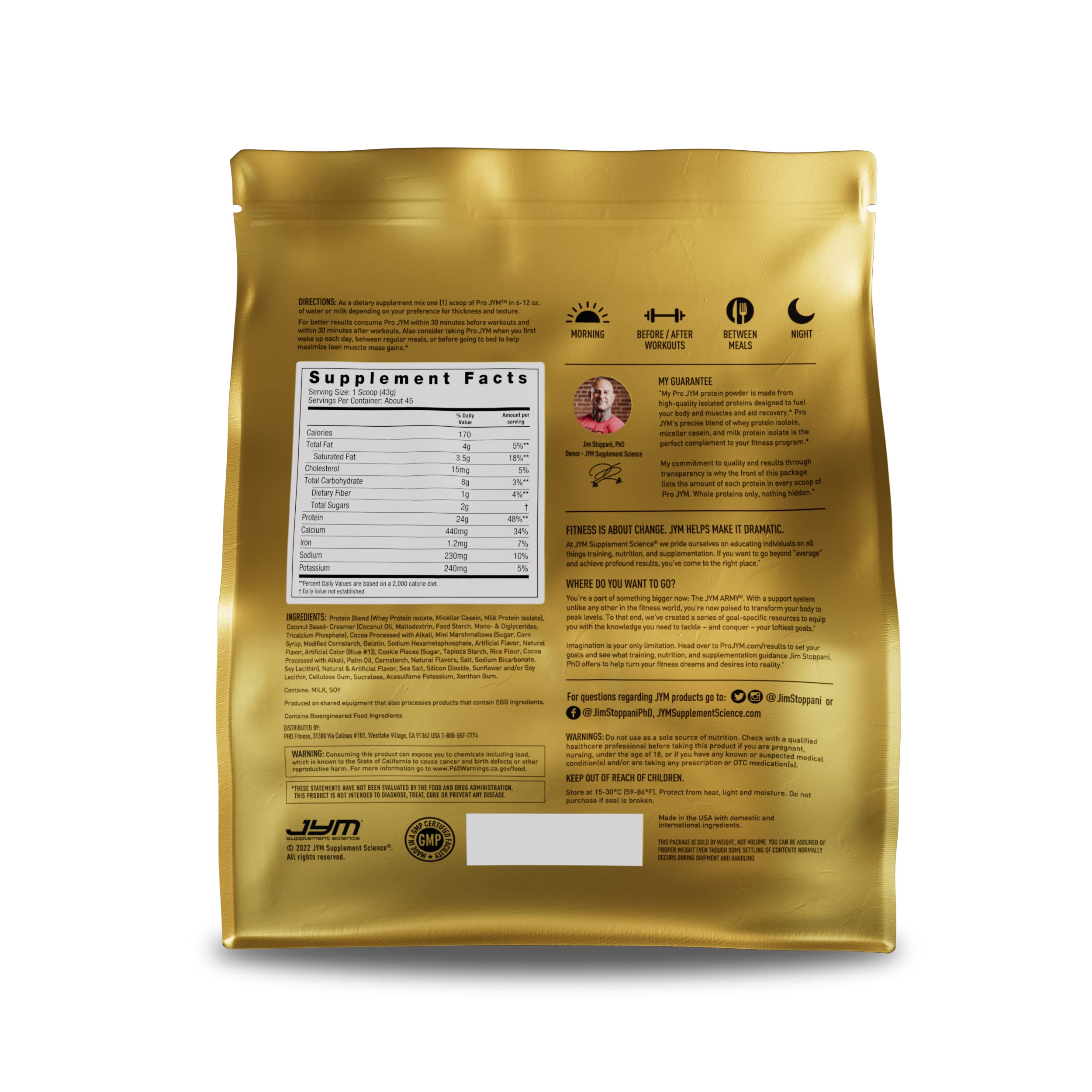 JYM Pro JYM Rocky Road label closeup highlighting protein blend and dosage.
