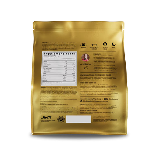 JYM Pro JYM Rocky Road label closeup highlighting protein blend and dosage.