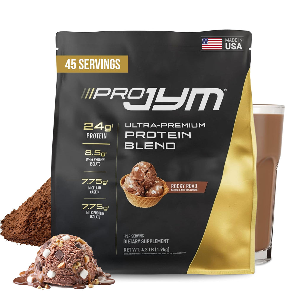 JYM Pro JYM Rocky Road protein powder tub front view for lean muscle support.