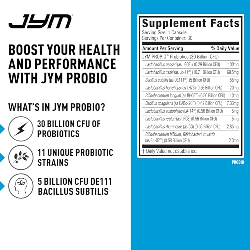JYM ProBio capsules closeup highlighting 11 probiotic strains for gut health.