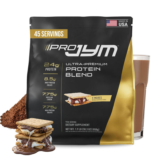 JYM Pro S'mores protein powder bottle shows lean muscle support and recovery benefits.