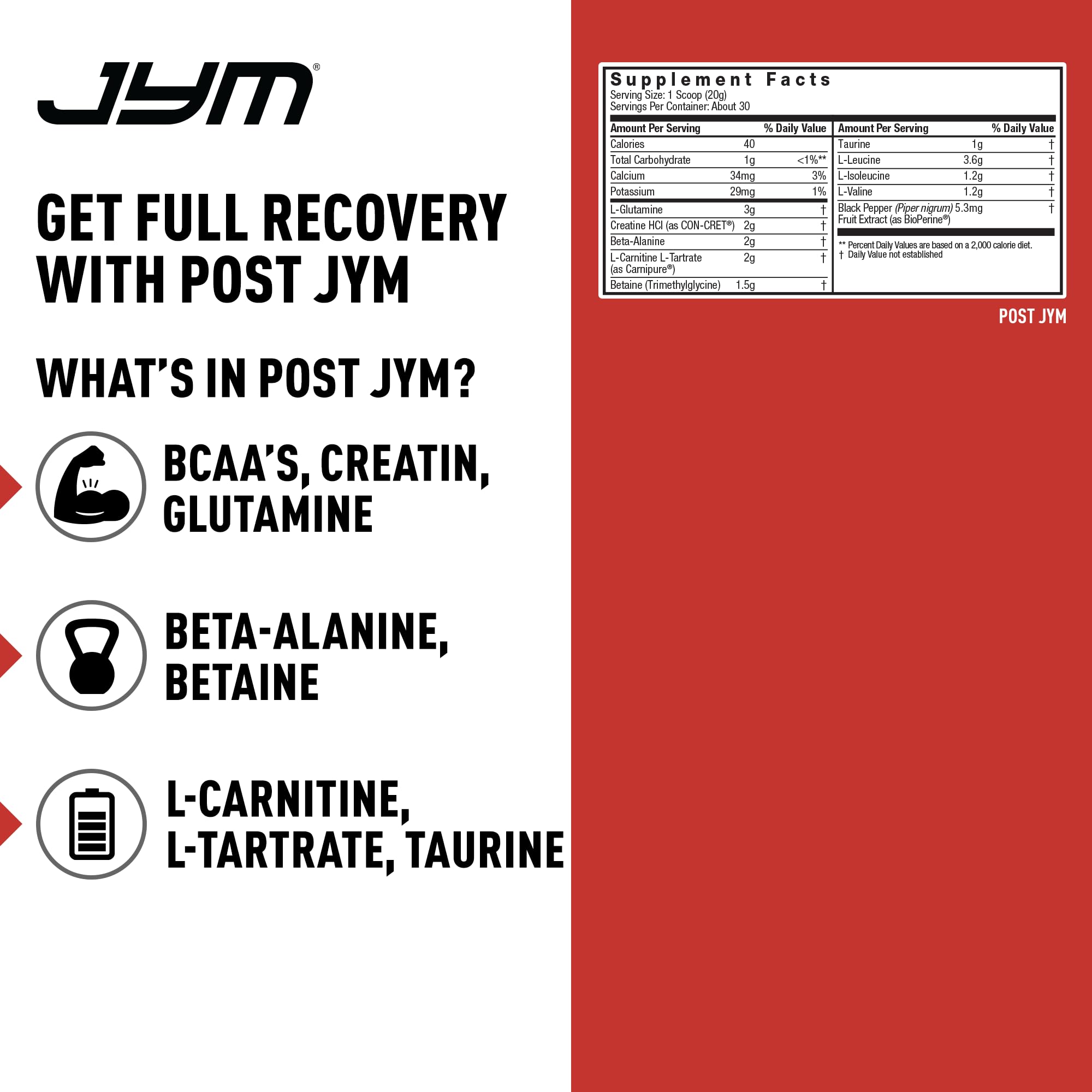 JYM Active Matrix BCAA and glutamine blend supports muscle repair.