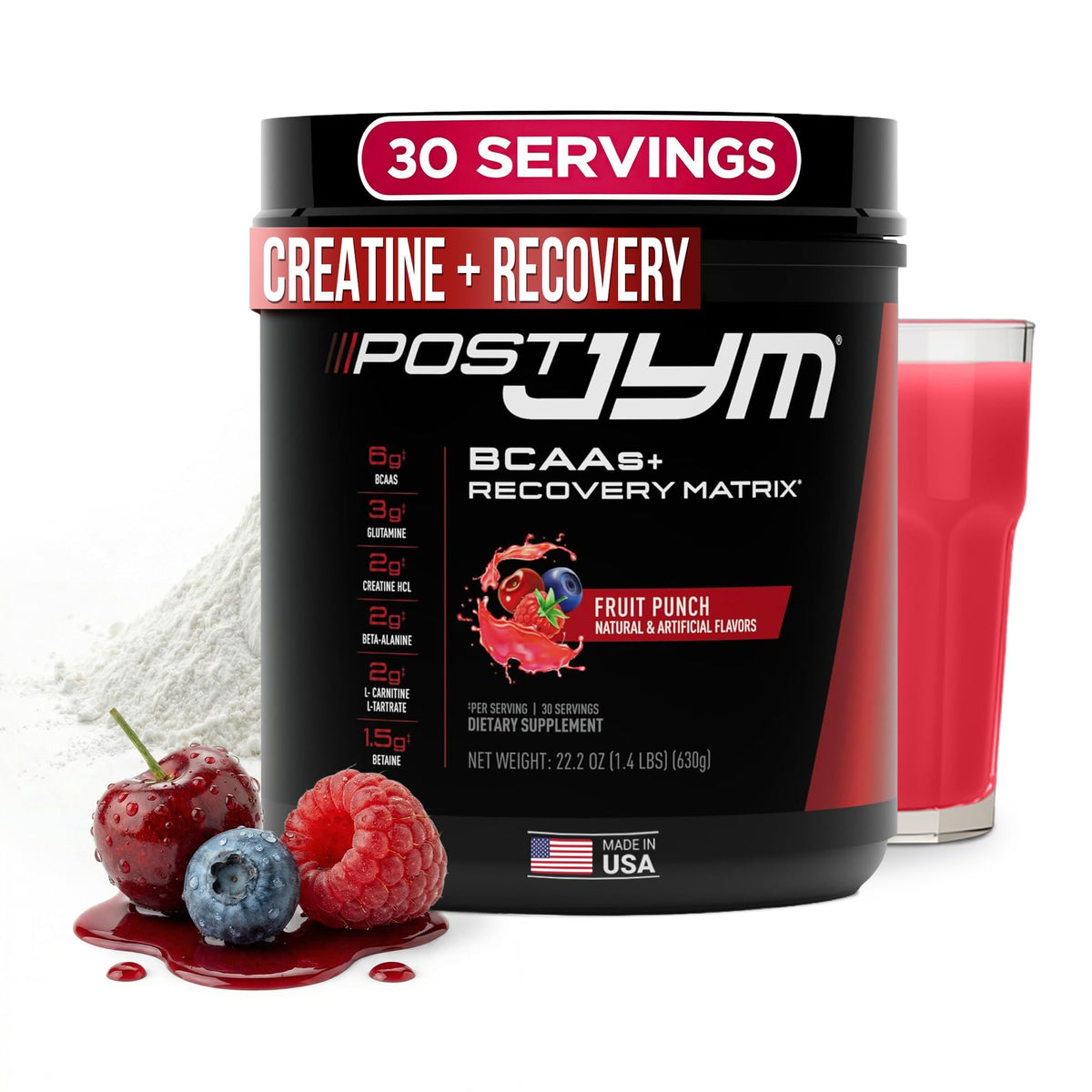 JYM Post JYM Active Matrix fruit punch powder for post-workout recovery.