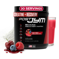 JYM Post JYM Active Matrix fruit punch powder for post-workout recovery.