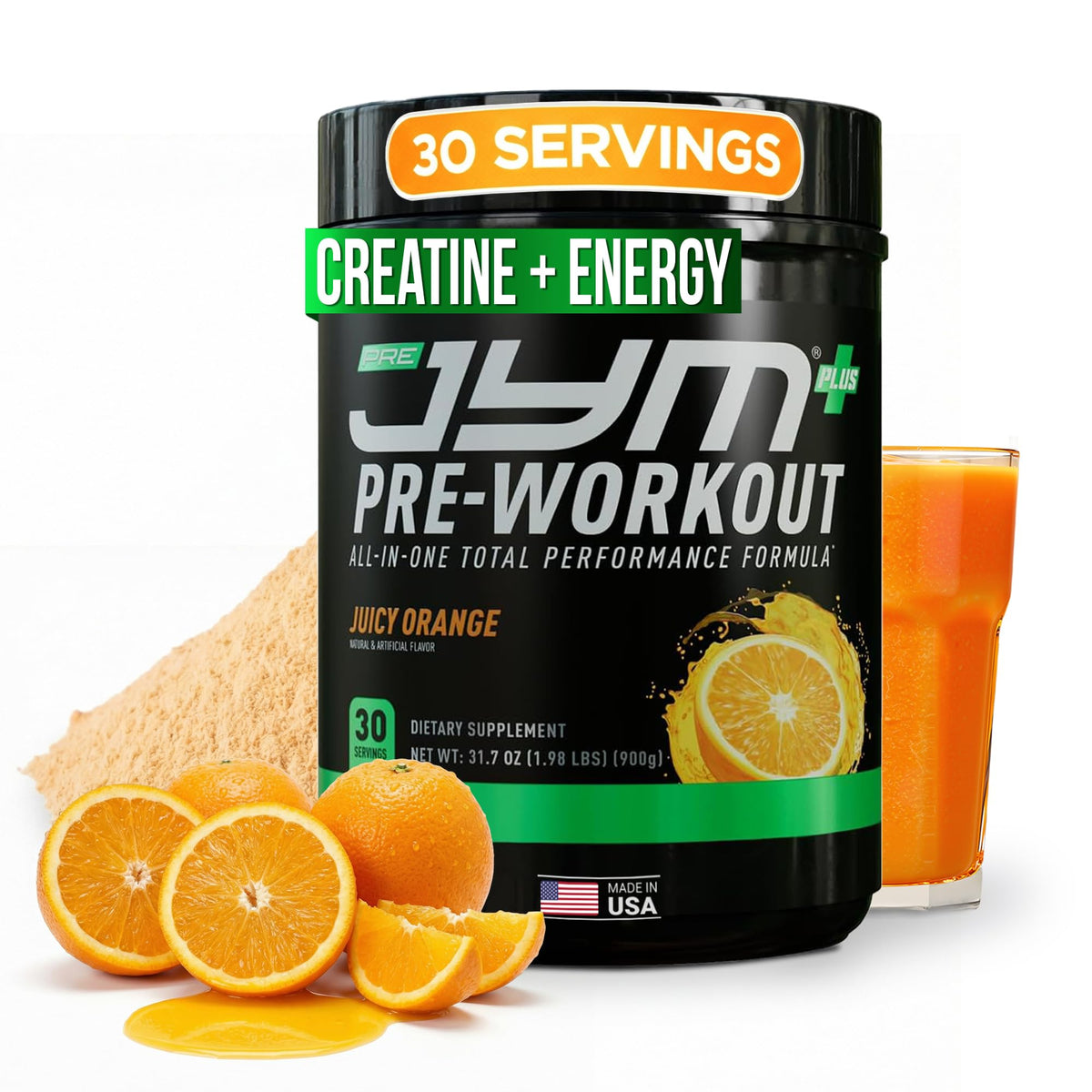 JYM Pre JYM Plus orange pre-workout powder bottle showing strong pumps and energy