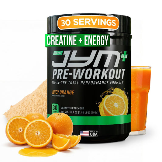 JYM Pre JYM Plus orange pre-workout powder bottle showing strong pumps and energy
