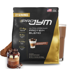JYM Pro JYM Chocolate Mousse protein powder tub front shows premium blend for lean muscle support.