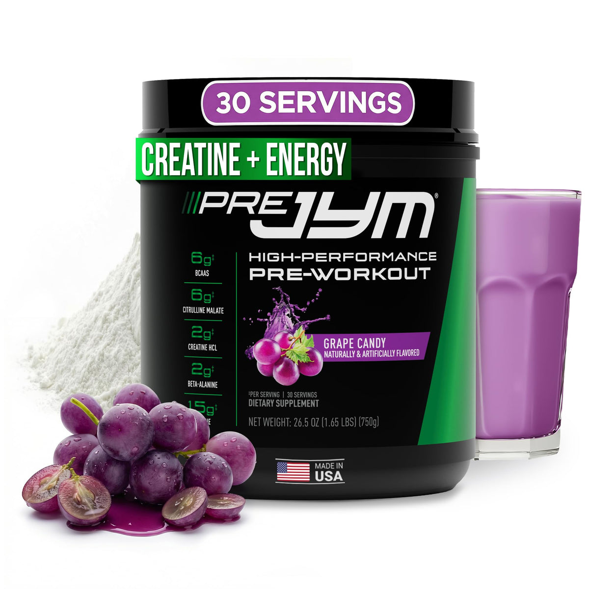 JYM Pre JYM grape candy tub ready to energize workouts with clear ingredient disclosure.