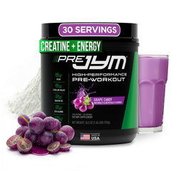 JYM Pre JYM grape candy tub ready to energize workouts with clear ingredient disclosure.