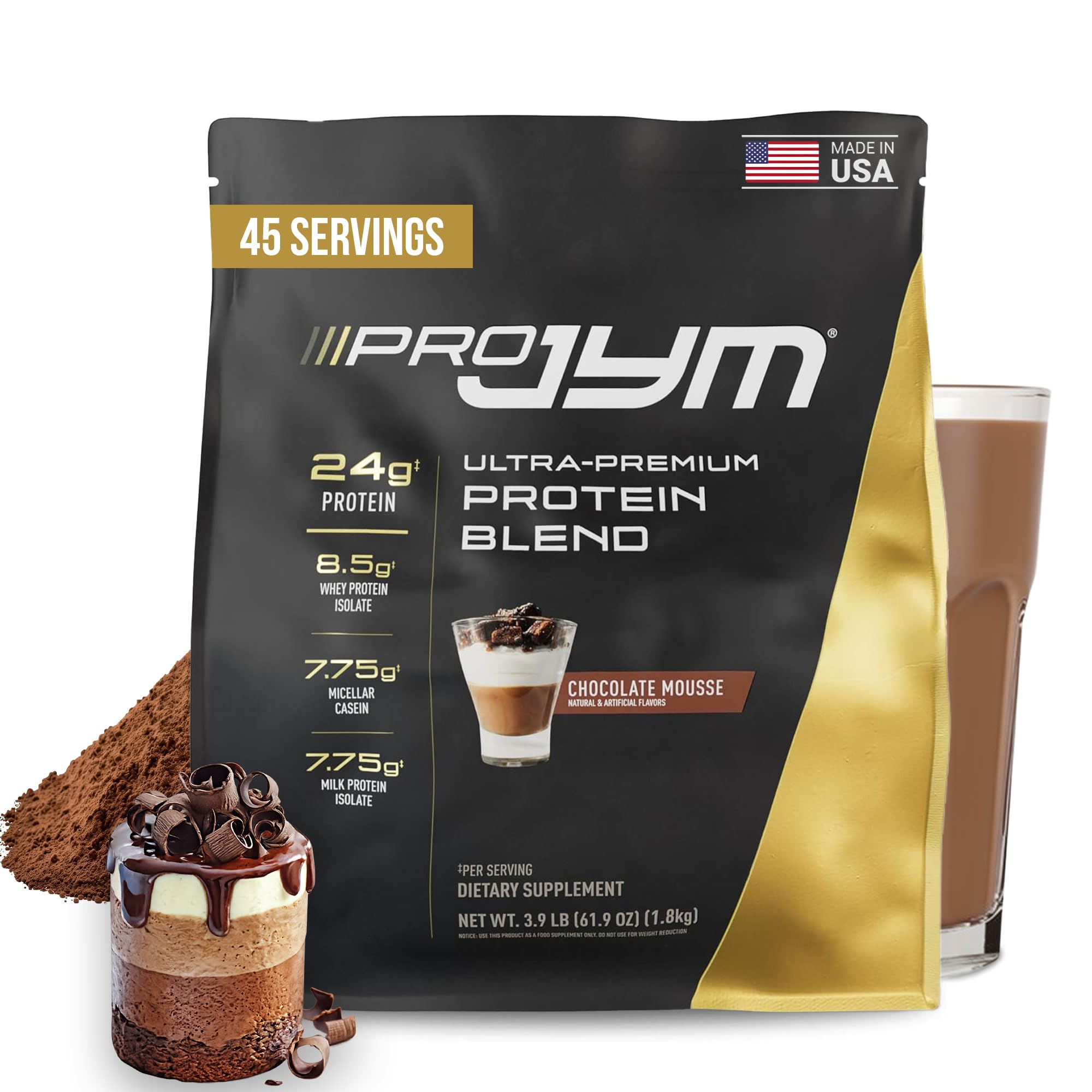 Pro JYM Chocolate Mousse tub highlights the protein blend for lean muscle support.