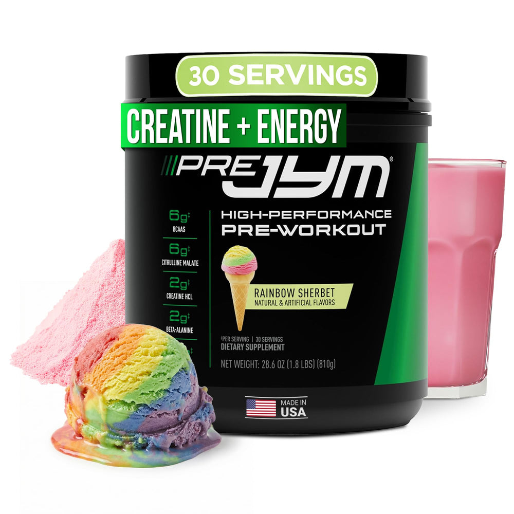 JYM Rainbow Sherbet Pre JYM tub front showcases flavorful pre-workout formula