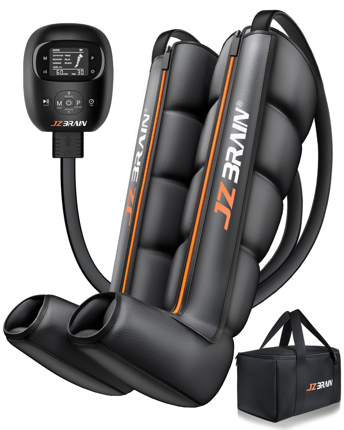 JZBRAIN air compression leg boots providing foot-to-thigh wrap for full-leg relief.