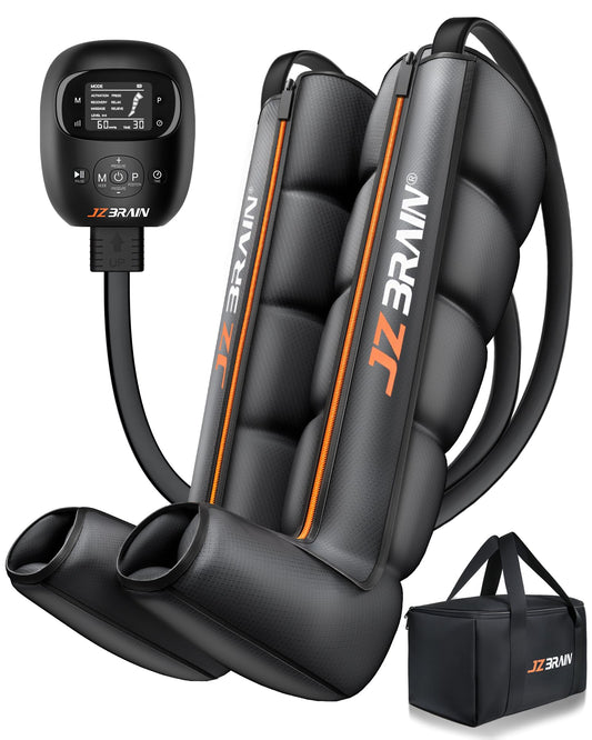 JZBRAIN air compression leg boots providing foot-to-thigh wrap for full-leg relief.