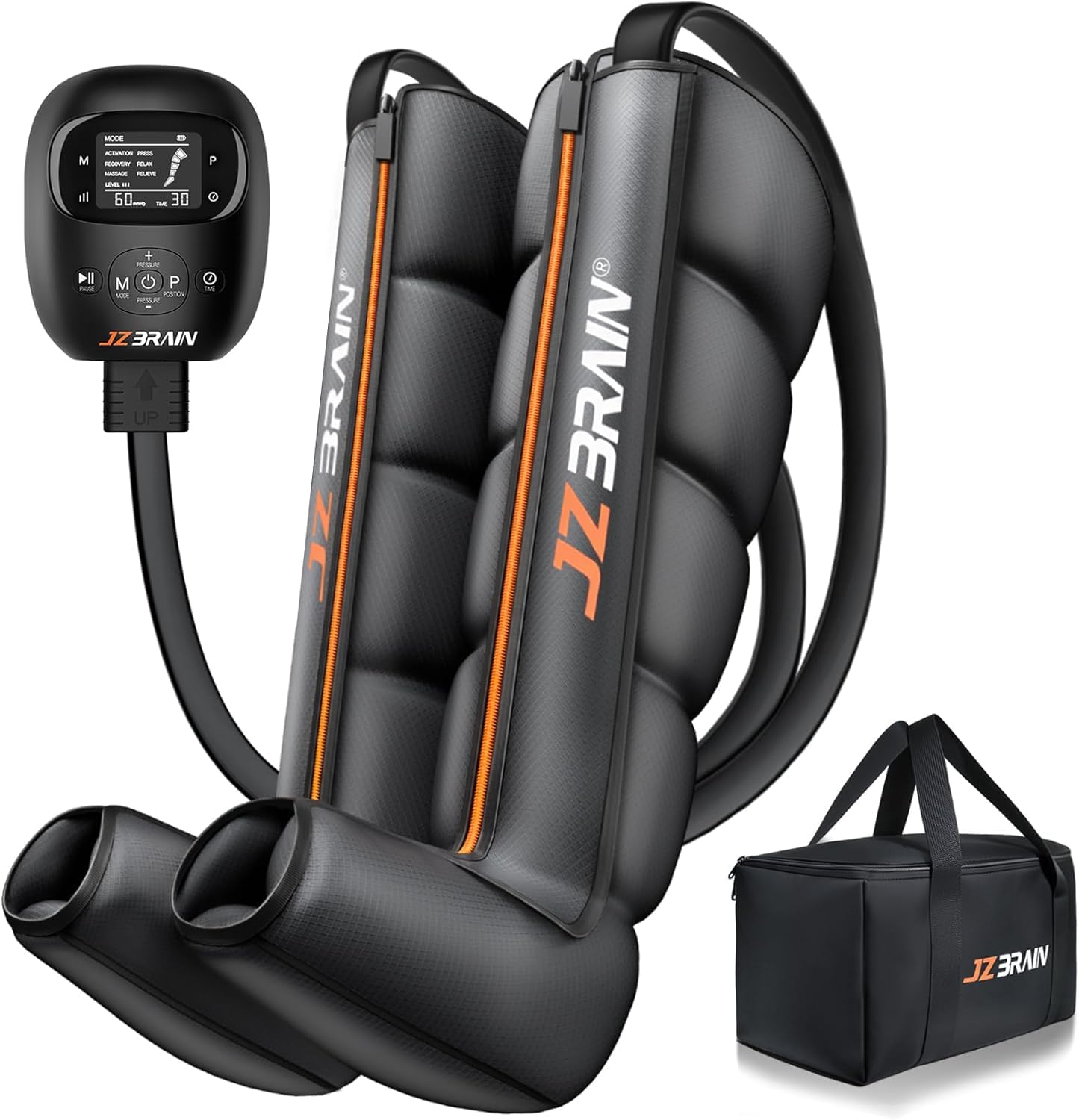 JZBRAIN air compression leg boots wrapped around leg showing full-leg coverage for balanced compression