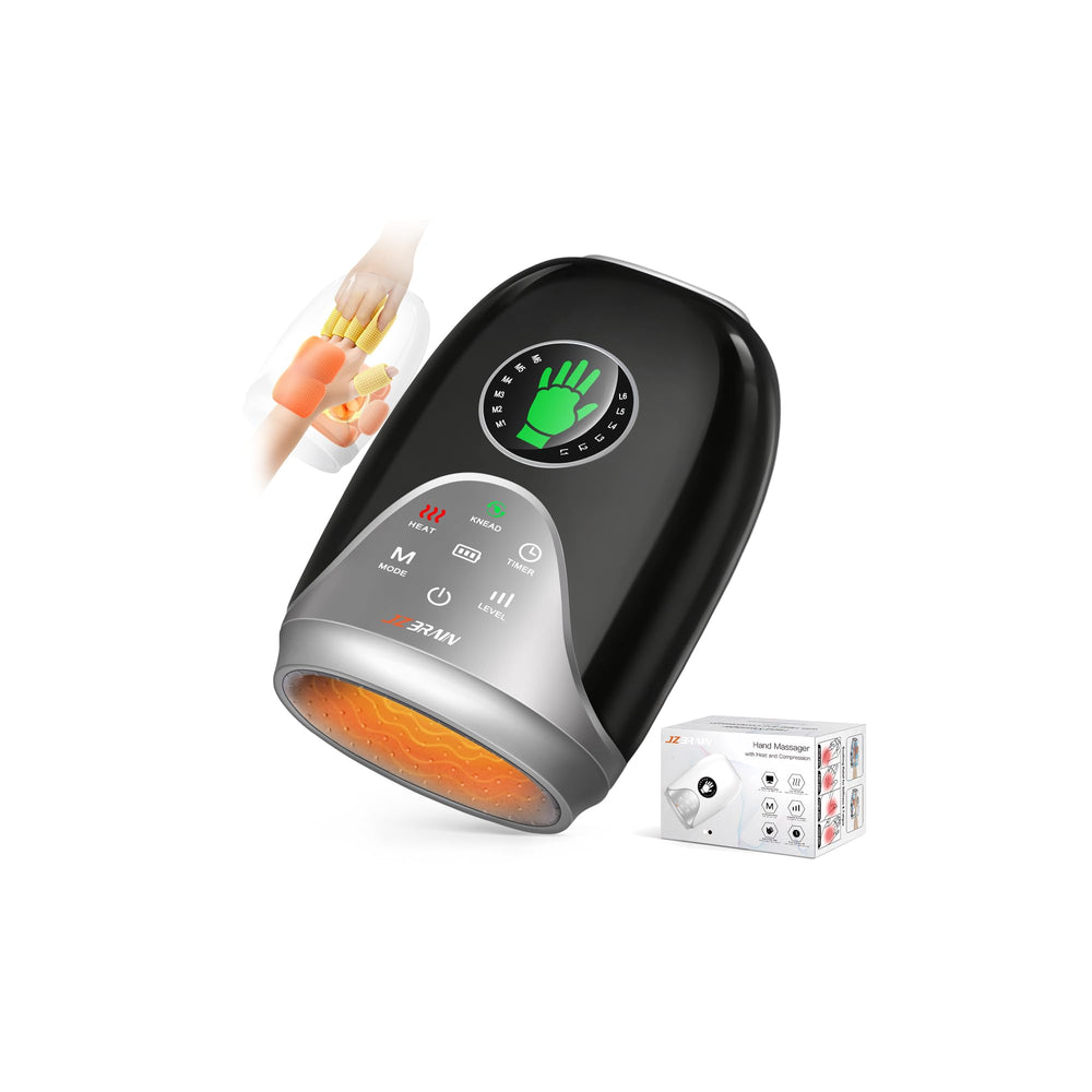 JZBRAIN hand massager with heat shows full-hand wrap-around compression for comprehensive relief.