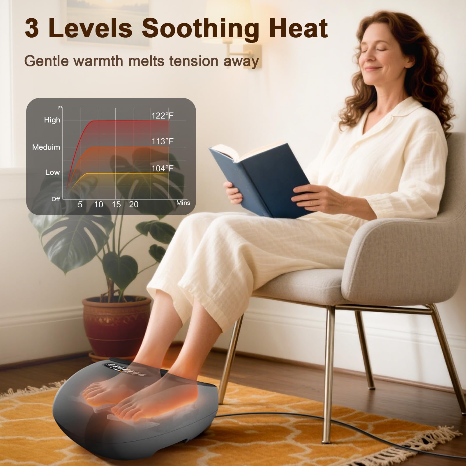 JZBRAIN Shiatsu massager heat settings display with comfortable temperature options.